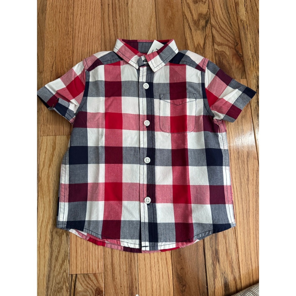 The Childrens Place Boys Red White Blue Plaid Button Down Shirt 9-12M NWT